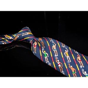 Alynn Neckwear Silk Tie Navy Multicolor Swimming Motif Mens Designer Necktie